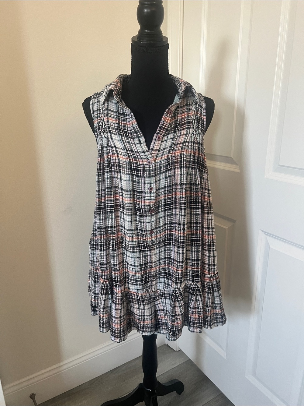 Free People Sleeveless Plaid Button-Front Romper Dress in Black, White & Coral
